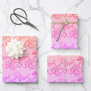 Floral Lace Pattern Shades of Pink and Orange Wrapping Paper Sheet