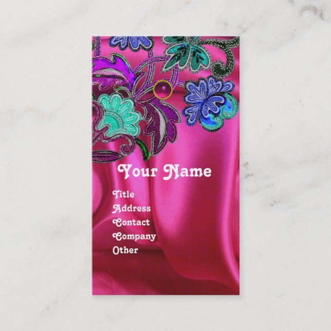 FLORAL LACE PINK FUCHSIA SILK CLOTH, GEM MONOGRAM BUSINESS CARD (Front)