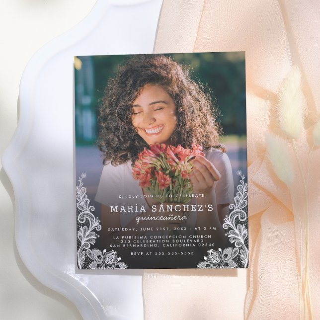 Floral Lace Quinceañera Birthday Party Photo Invitation Postcard (Creator Uploaded)