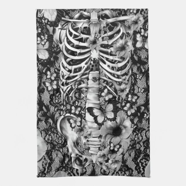 Floral lace skeleton with butterflies kitchen towel (Vertical)