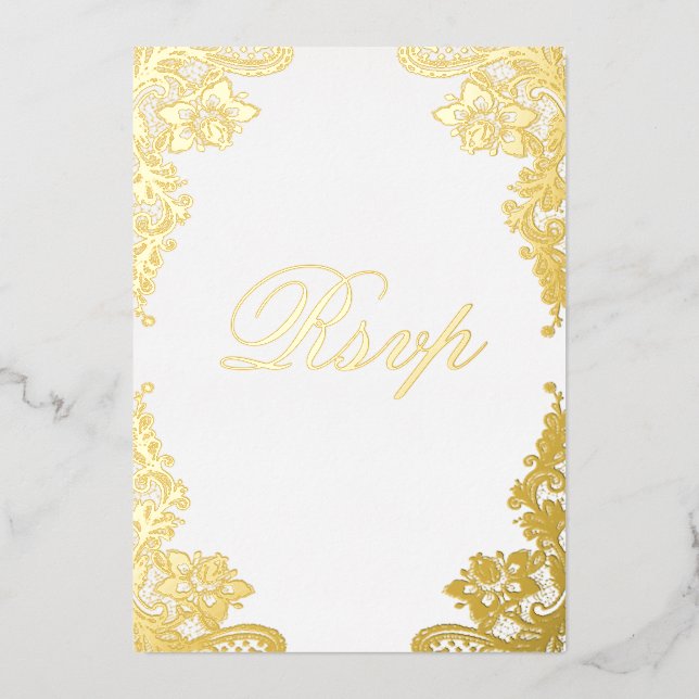 Floral Lace Wedding RSVP Real Gold (Front)