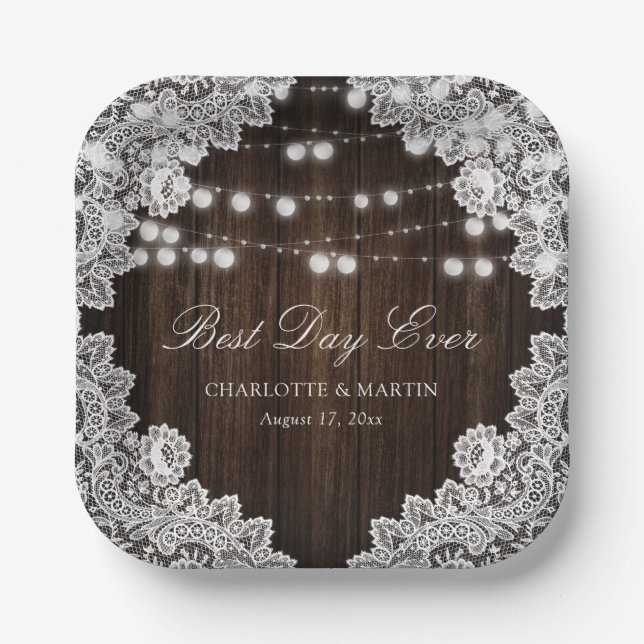 Floral Lace Wood String Lights Rustic Wedding Paper Plate (Front)