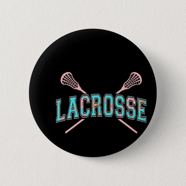 Floral Lacrosse Crossed Sticks LAX Girly Teal PInk 2 Inch Round Button (Front)