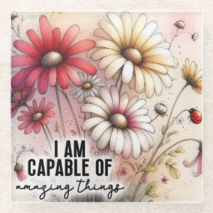 Floral Ladybug Motivational Glass Coaster