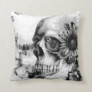 Floral landscape skull throw pillow