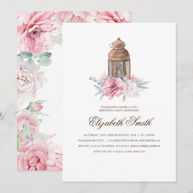 Floral Lantern Birthday Party Invitation (Front/Back)
