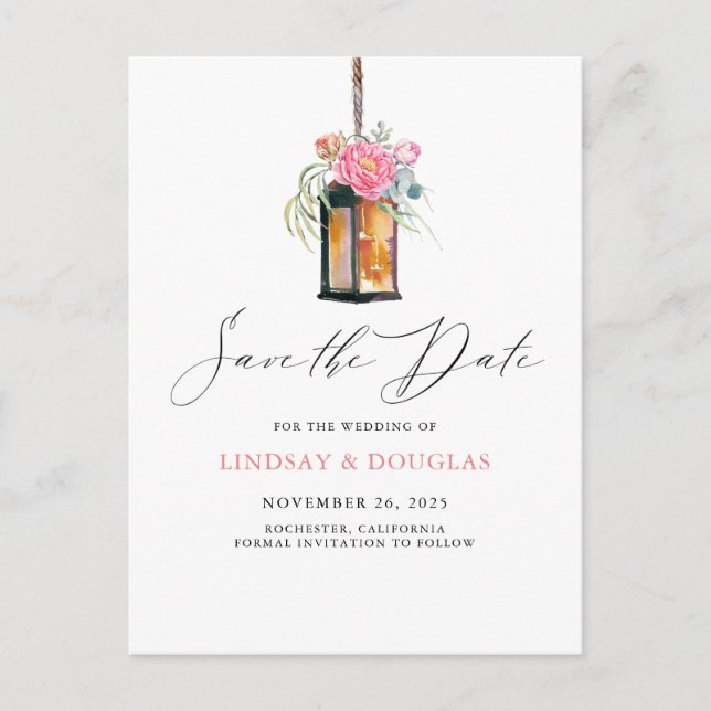 Floral Lantern Modern Garden Save the Date Announcement Postcard (Front)