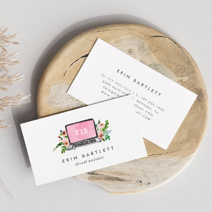 Floral Laptop Monogram Virtual Assistant Business Card