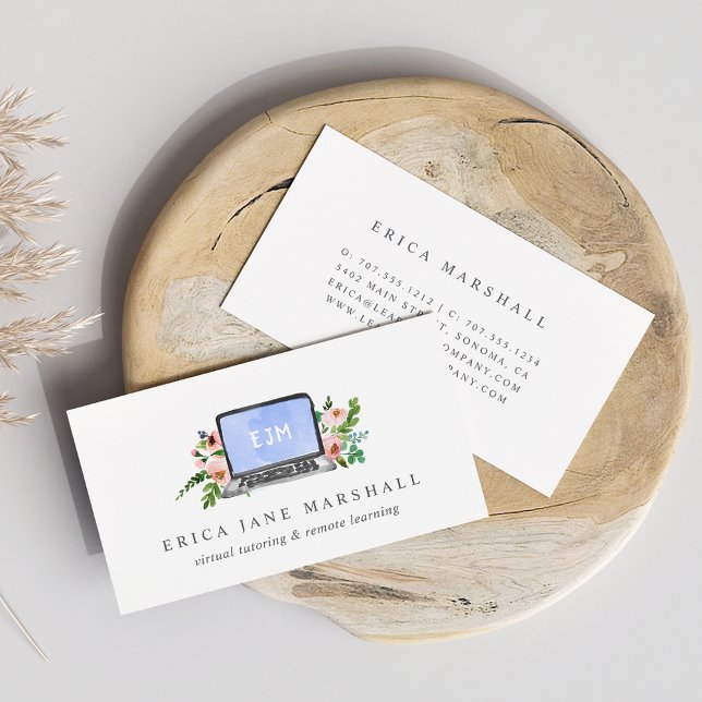 Floral Laptop | Virtual Tutor | Remote Learning Business Card (Creator Uploaded)