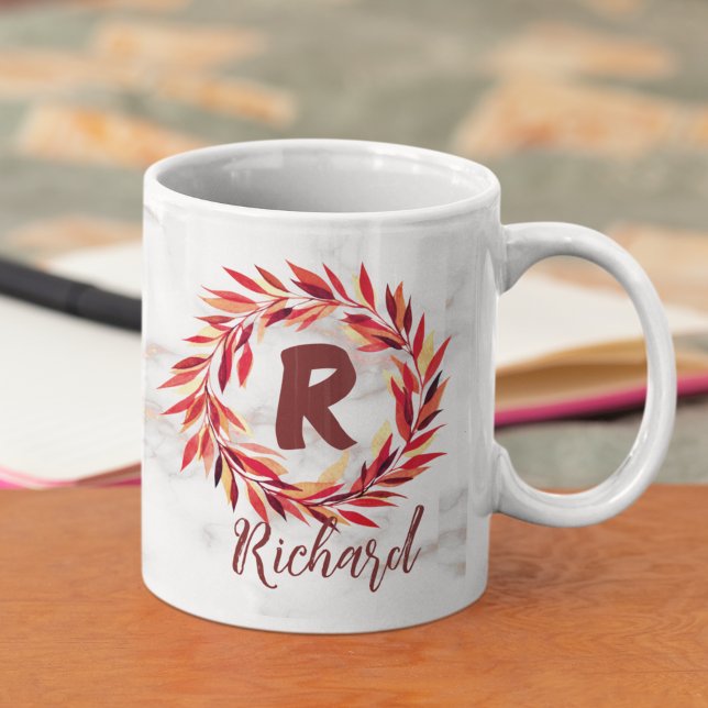 Floral Laurel Initial Letter Monogram Name Coffee Mug (Creator Uploaded)