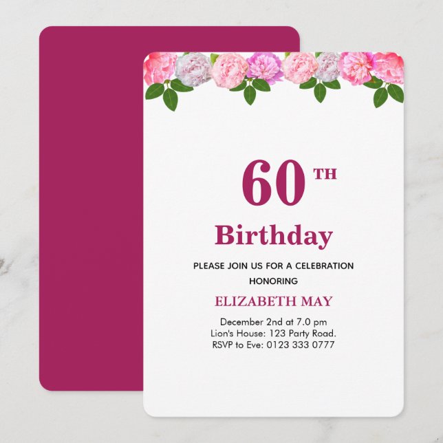 Floral & Laurel Leaves 40th, 60th Birthday Invitation (Front/Back)