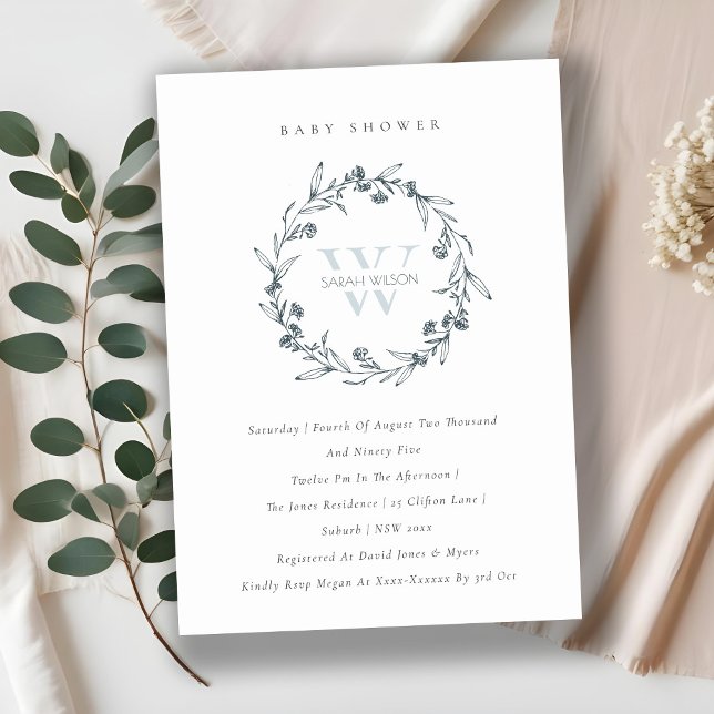 Floral Laurel Wreath Monogram Baby Shower Invite (Creator Uploaded)