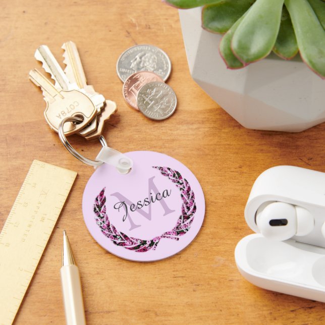 Floral Laurel Wreath Pretty Personalised Monogram Keychain (Desk)