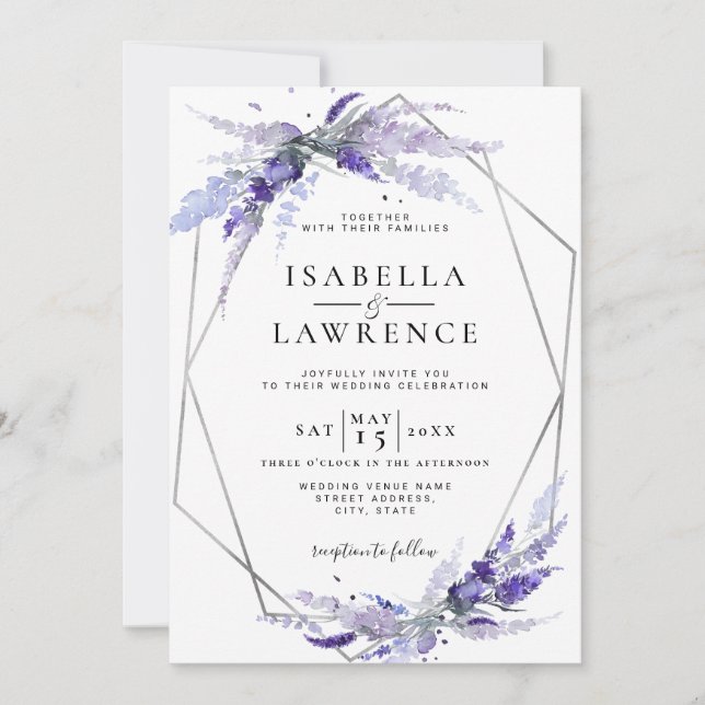 Floral Lavender Flowers Purple Silver Wedding Invitation (Front)