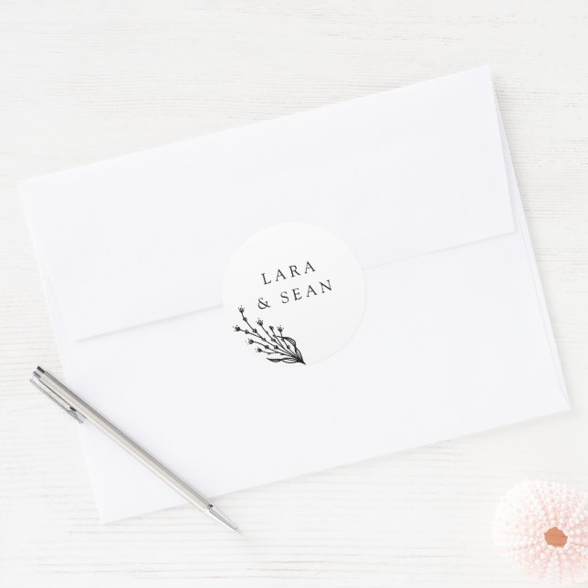 Floral Lavender Modern Minimalist Black and White Classic Round Sticker (Envelope)