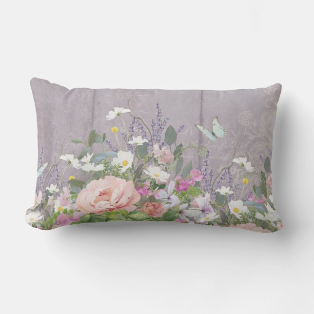 Floral Lavender Peony Butterflies Rustic Wood Art Lumbar Pillow (Front)