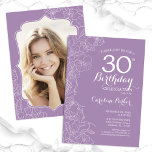 Floral Lavender Purple Photo 30th Birthday Party Invitation<br><div class="desc">Lavender purple floral 30th Birthday party invitation with your photo at the back of the card. Elegant modern design featuring botanical outline drawings accents and typography script font. Simple trendy invite card perfect for a stylish female bday celebration. Can be customized to any age. Printed Zazzle invitations or instant download...</div>