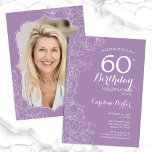 Floral Lavender Purple Photo 60th Birthday Party Invitation<br><div class="desc">Purple lavender floral 60th Birthday party invitation with your photo at the back of the card. Elegant modern design featuring botanical outline drawings accents and typography script font. Simple trendy invite card perfect for a stylish female bday celebration. Can be customized to any age. Printed Zazzle invitations or instant download...</div>