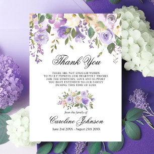 Floral Lavender Thank You Sympathy Memorial Prayer Card