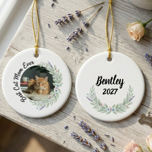 Floral Lavender Watercolor Cat Mom Gift Keepsake Ceramic Ornament