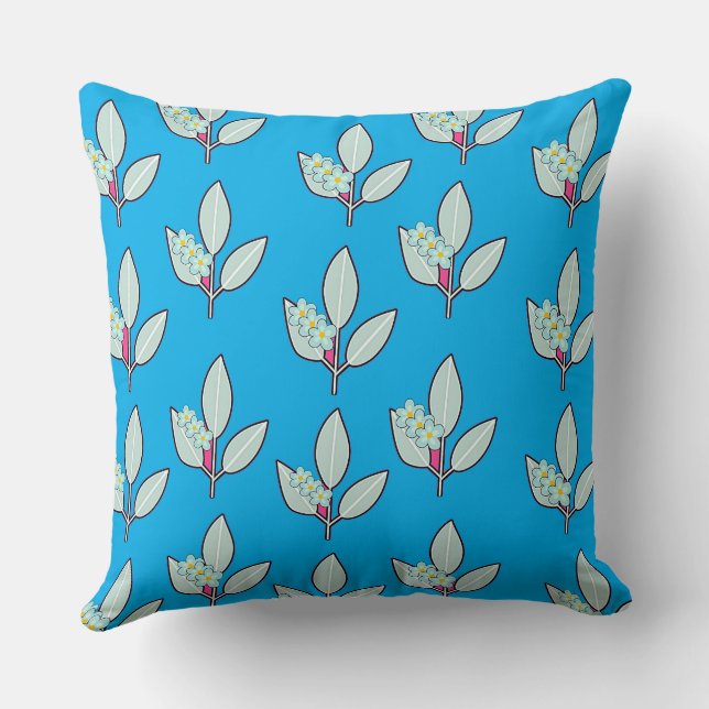 Floral Leaf Azure Blue Throw Pillow (Back)