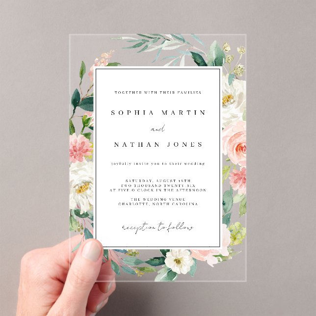 Floral Leaf Blush Green Modern Clear Wedding Acrylic Invitations (Insitu (Handheld))