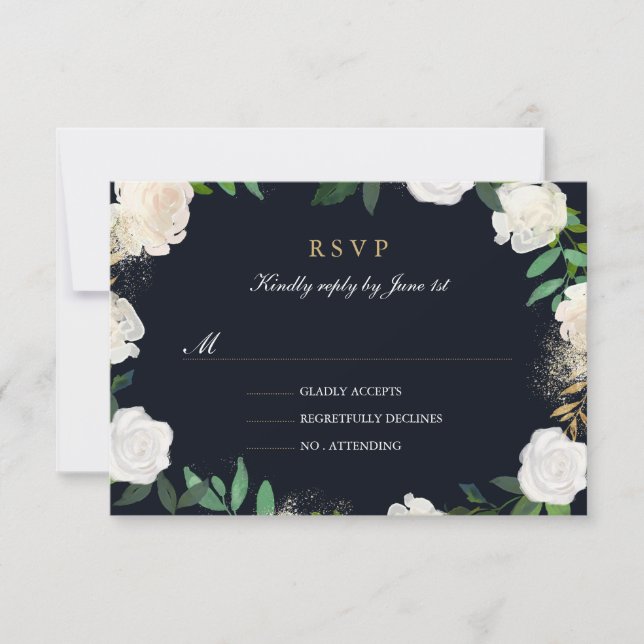 Floral Leaf Blush Marine Gold Wedding RSVP (Devant)