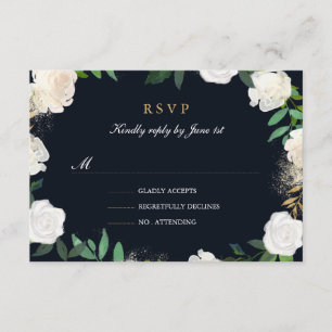 Floral Leaf Blush Navy Gold Wedding RSVP Card