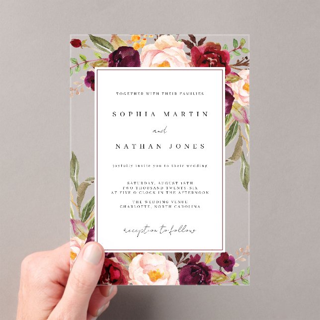 Floral Leaf Burgundy Green Modern Clear Wedding Acrylic Invitations (Insitu (Handheld))