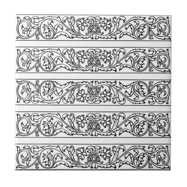 Floral Leaf Damask Black White Scroll Pattern Tile (Front)