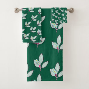 Floral Leaf Dk Green Bath Towel Set