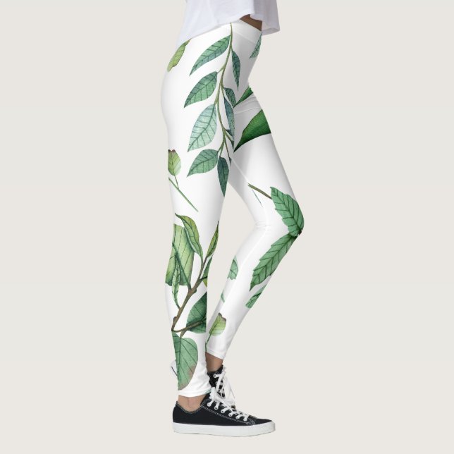 Floral Leaf Leggings - White & Green Women's Style (Right)