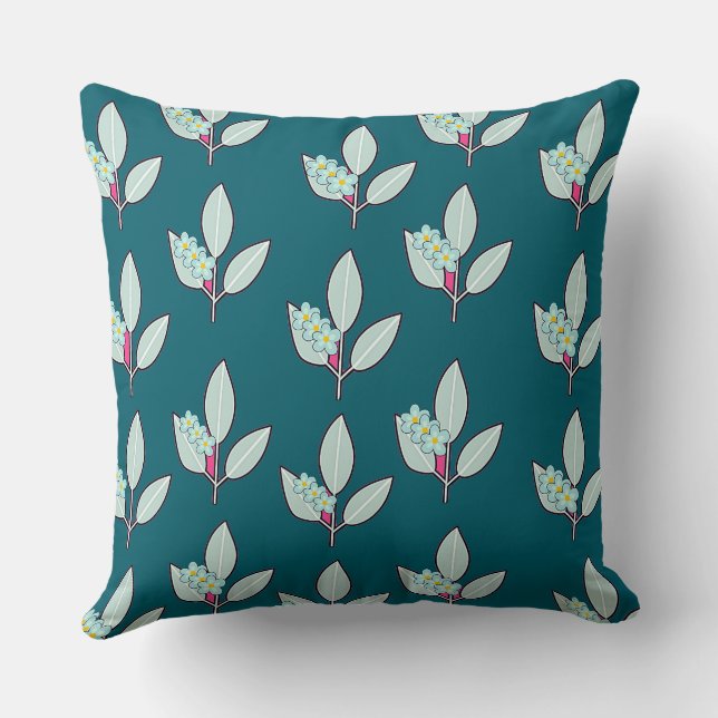 Floral Leaf Teal Throw Pillow (Back)