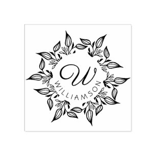 Floral Leaves Botanical Circular Name & Monogram Rubber Stamp