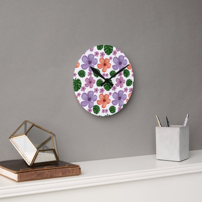 Floral Leaves Pattern Aesthetic Seamless Botanical Round Clock (Office)