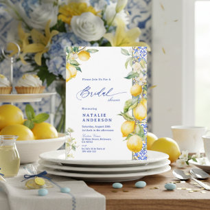 Floral Lemon Mediterranean Blue Tile Bridal Shower Invitation