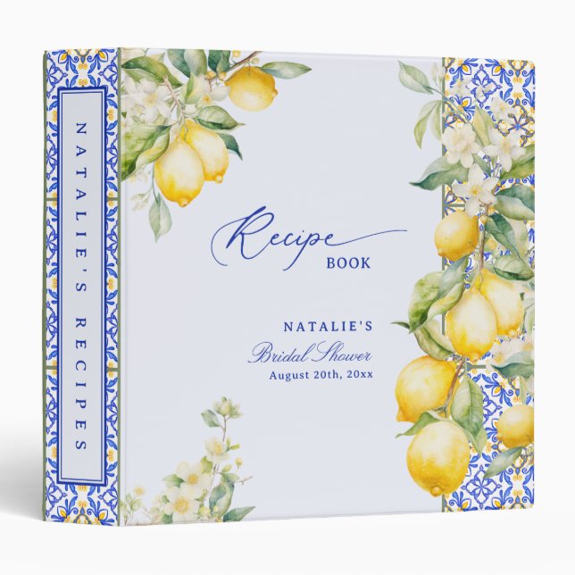 Floral Lemon Mediterranean Bridal Shower Recipe Binder (Front/Spine)