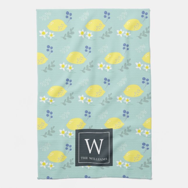 Floral Lemon Pattern Mint Green Kitchen Towel (Vertical)