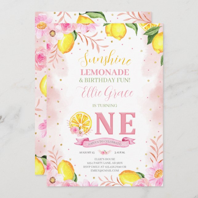 Floral Lemonade 1st Birthday Invitation (Front/Back)