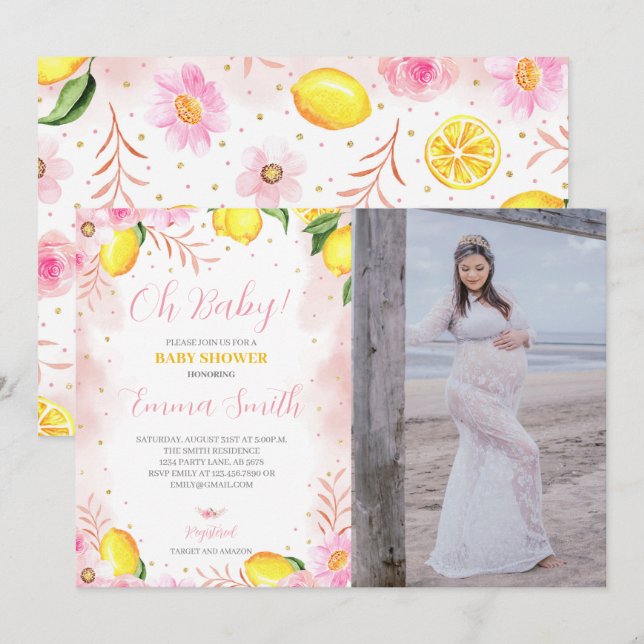 Floral Lemonade Baby Shower Photo Invitation (Front/Back)