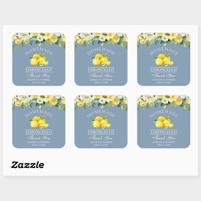 Floral Lemons Dusty Blue Limoncello Wedding Square Sticker (Sheet)