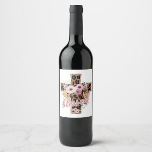 Floral Leopard Cross blessed faith Easter  Wine Label