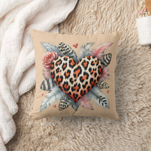 floral leopard heart valentine's day throw pillow