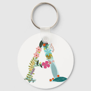Floral Letter A Initial Monogram Keychain