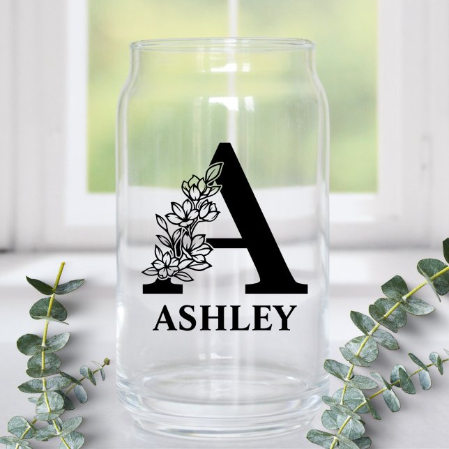 Floral Letter A Monogram and Personalized Name Can Glass (Creator Uploaded)