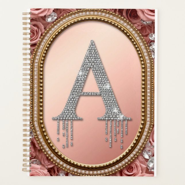 Floral Letter A Monogram in Gold Frame Planner (Front)