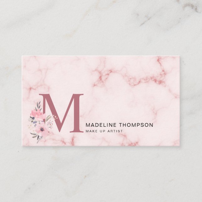 Floral Letter Blush Pink Monogram Marble Make up Business Card (Front)