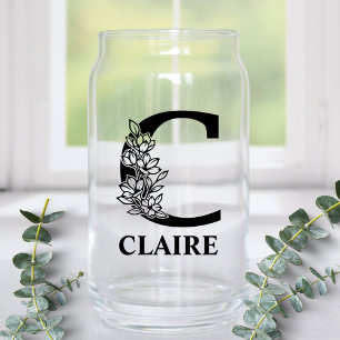 Floral Letter C Monogram and Personalized Name Can Glass