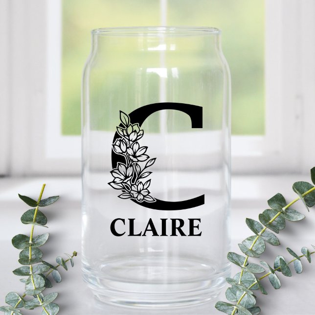 Floral Letter C Monogram and Personalized Name Can Glass (Creator Uploaded)