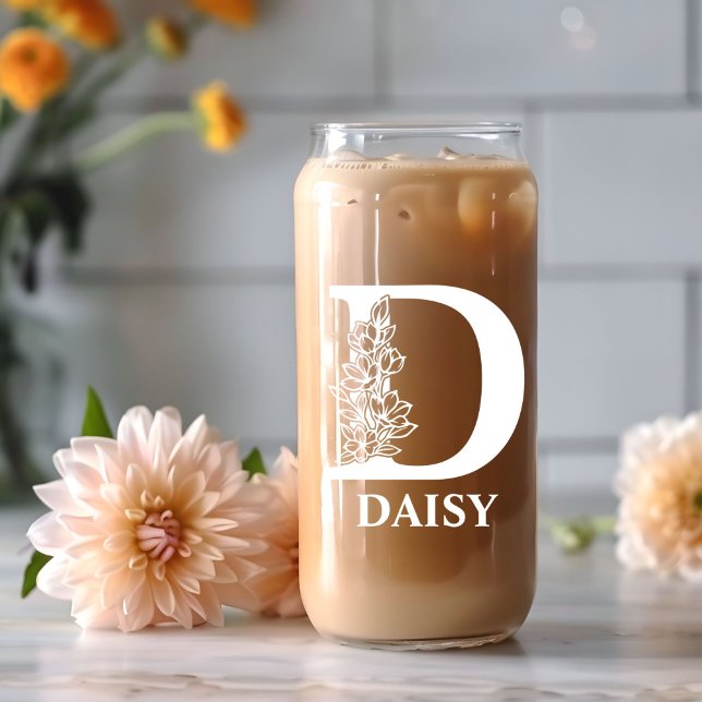 Floral Letter D Monogram Personalized Name White Can Glass (Creator Uploaded)